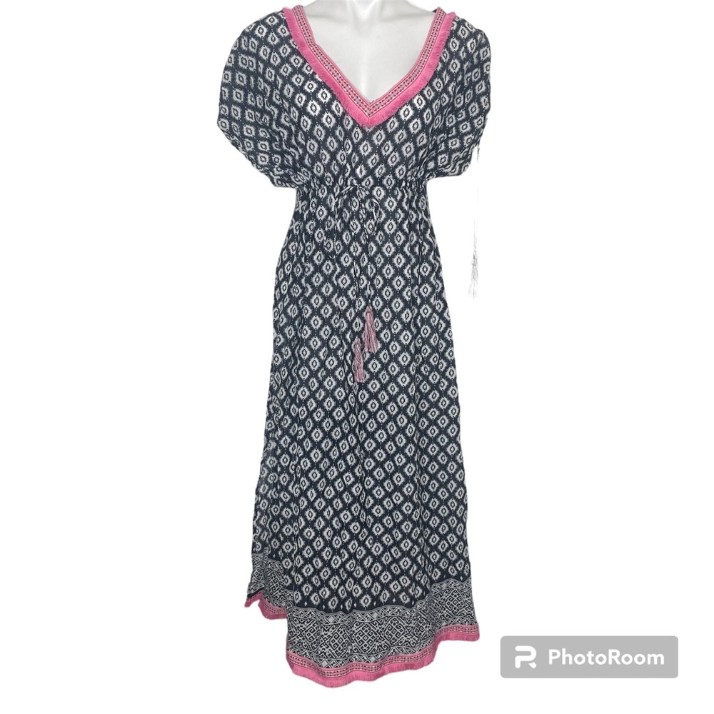Naudic Boho Maxi Dress M Black White Print Pink Embroidered Trim Fringe Tassels